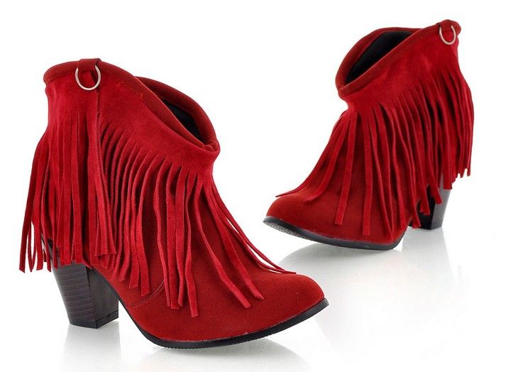 Women Ladies Fringe Tassels Suede Cowboy Boyfriend Short Boots Shoes 34