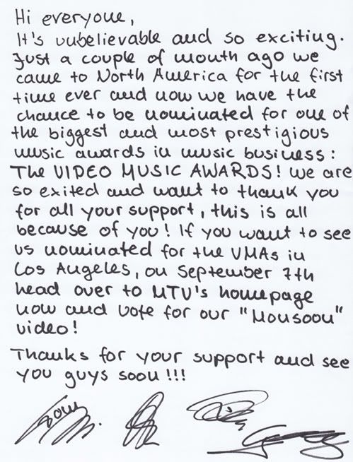 Tokio Hotel VMA's Letter