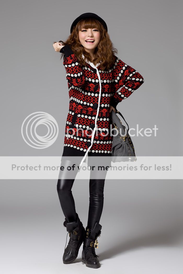 B1090 Women ladies Fashion Button Red Black Skulls Pattern Hood Sweater Coat  