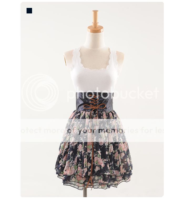 J9592 Princess Hot Dark Blue Floral Tying Chiffon Skirt  