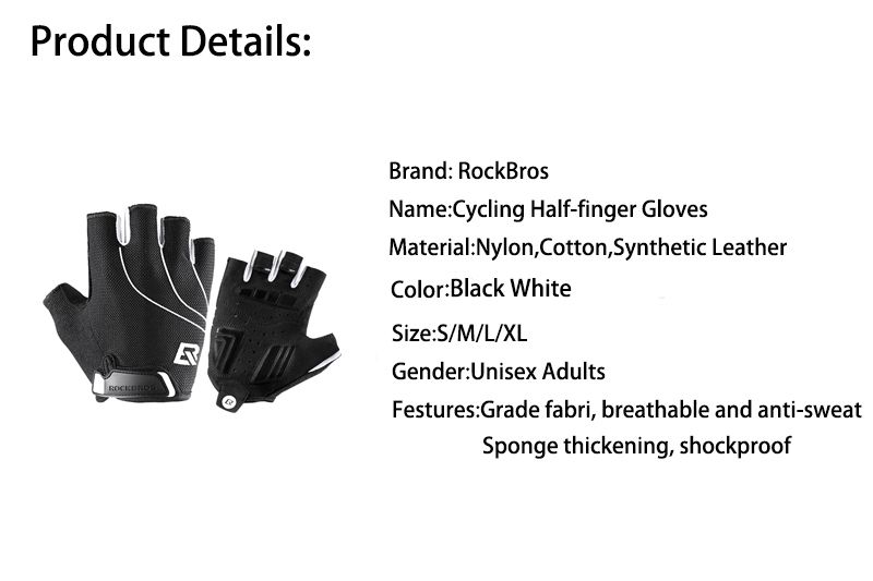 RockBros Half Finger Cycling Shockproof Breathable Riding Gloves Black White
